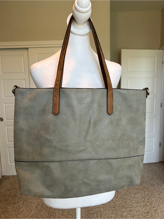 Handbags - Vegan Leather Gray Taupe Tote Laptop Travel Bag w Tan Handles and D Rings
